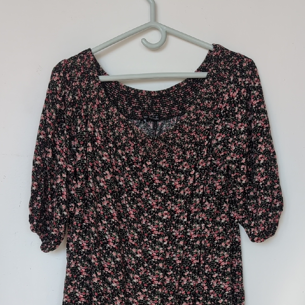 Off-Shoulder Floral Midi Dress in Pink and Black